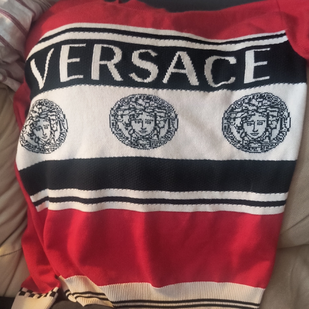 Versace Men's Sweater in Red, Black, and White